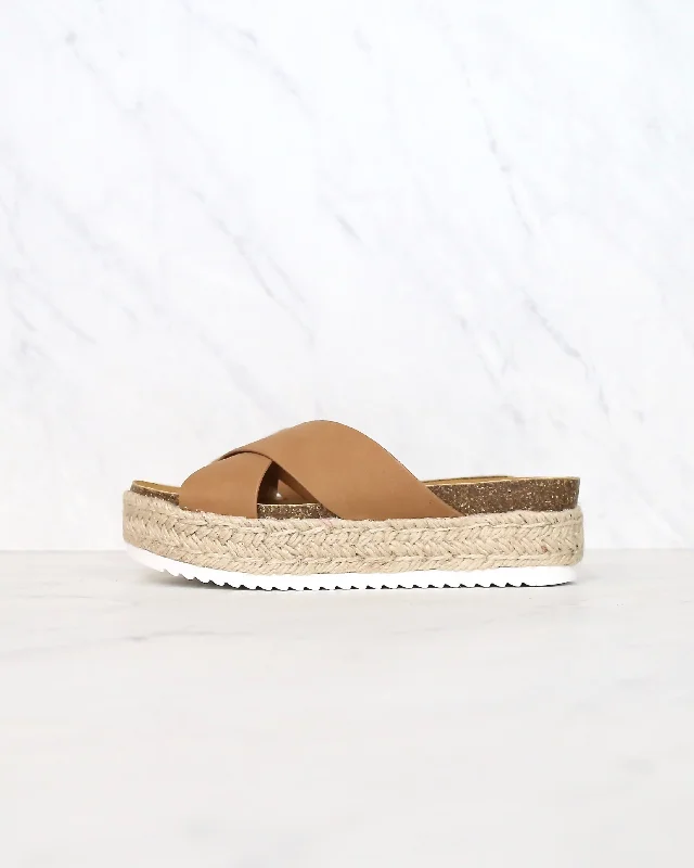 Sandals with padded finish-Tan Criss Cross Platform Slip On Sandals