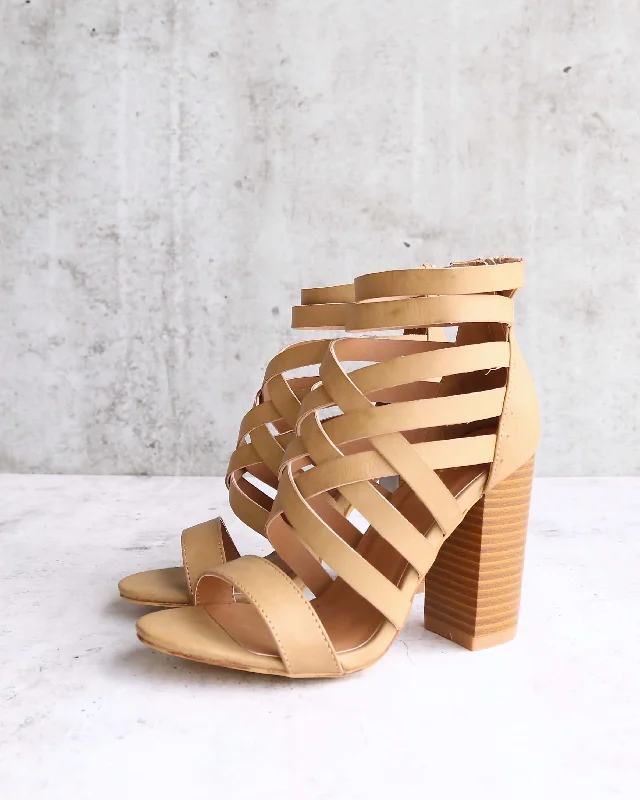 Sandals for evening parties-Final Sale - Strappy Stacked Heel Sandals in Khaki