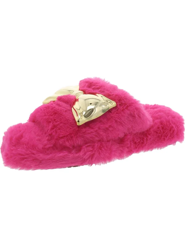 Slippers with thick padding-THE FUZZY BOW Womens Faux Fur Rubber sole Slide Slippers