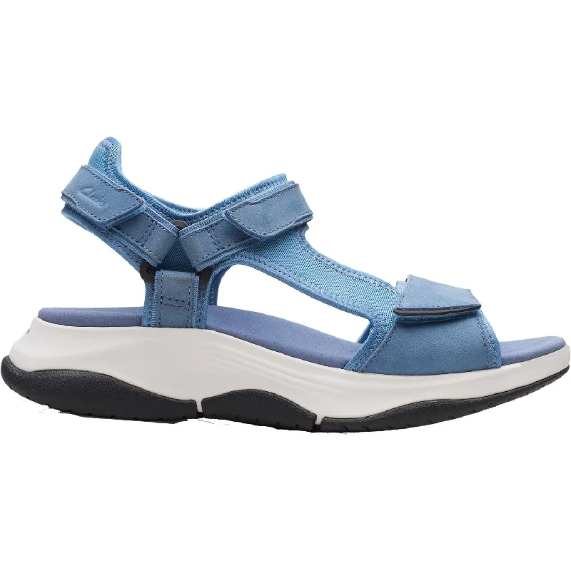 Sandals with rubber sole-Women's Clarks Wave 2.0 Skip Blue Combi Textile/Nubuck