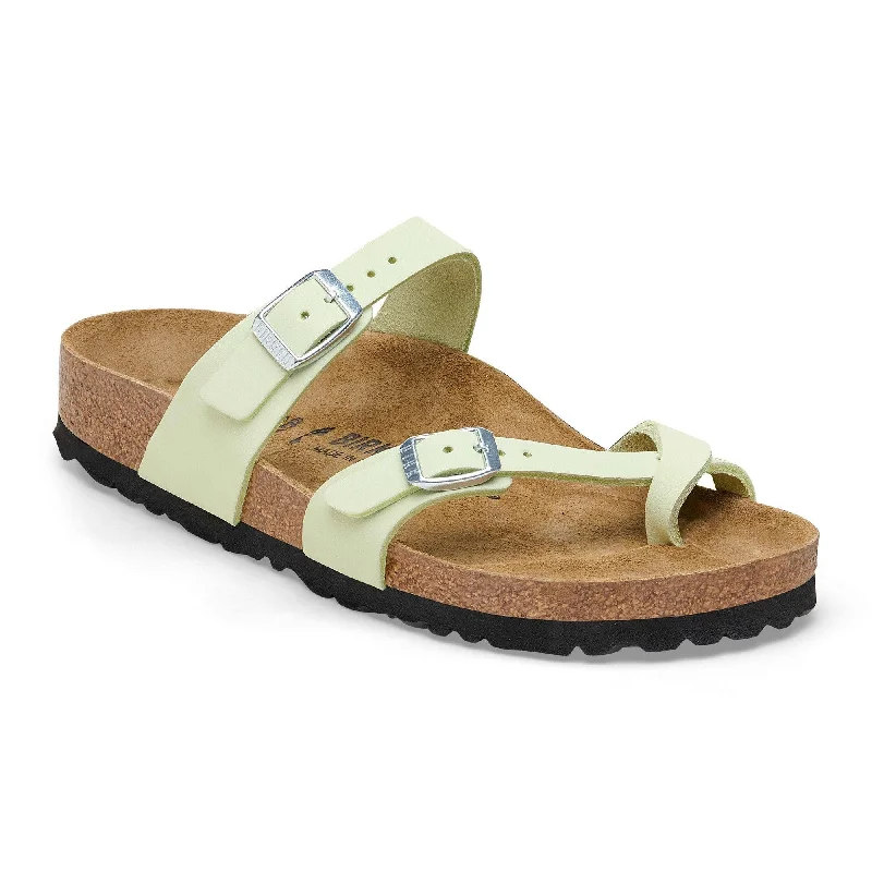 Sandals with comfy vibes-Birkenstock Mayari Leather Ladies Faded Lime Nubuck Arch Support Buckle Sandals