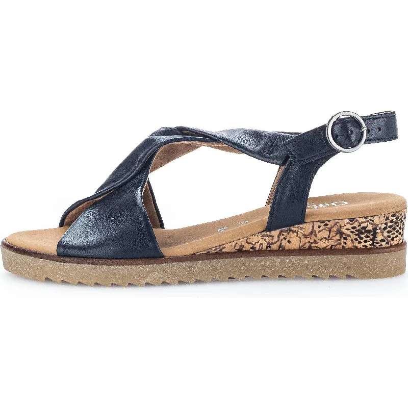 Sandals with padded finish-Gabor 42.751.26 Rich Ladies Navy Blue Leather Buckle Sandals