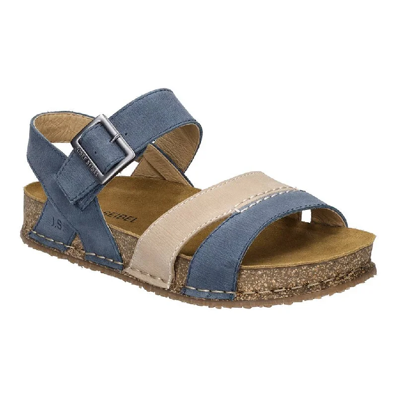 Sandals with non-slip sole-Josef Seibel Hannah 01 Ladies Azur Blue Combi Leather Arch Support Touch Fastening Sandals