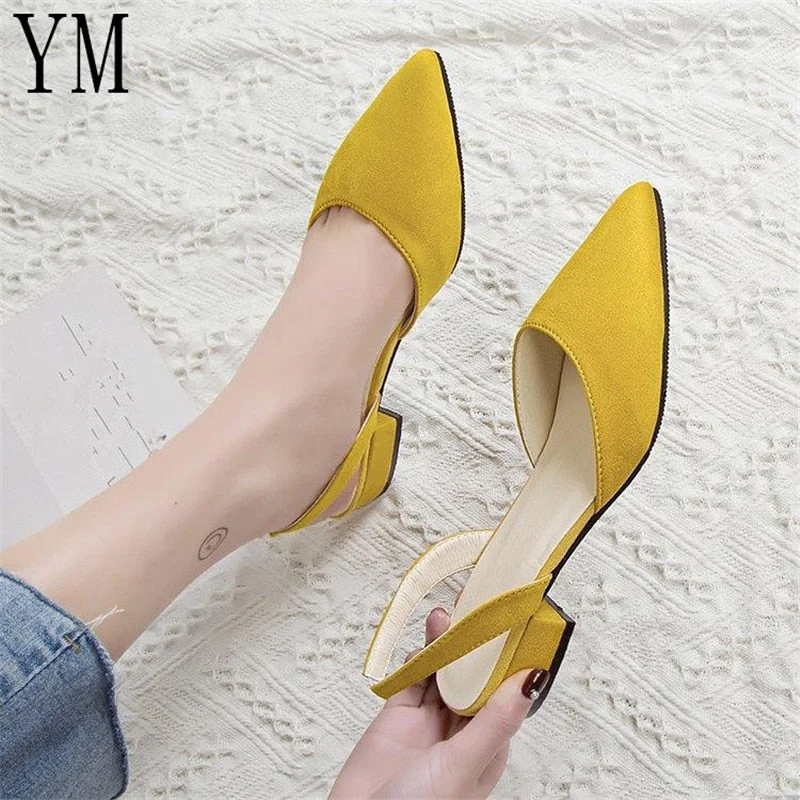 Sandals with walking finish-Hot Sandalia Feminina Short heel with low heel High heel Pointed shallow mouth suede sandals Women word buckle Single shoes 2019