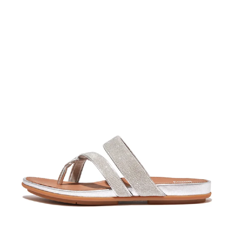 Sandals for beach finish-FitFlop HQ2-011 Gracie Shimmerlux Strappy Ladies Silver Toe Post Sandals