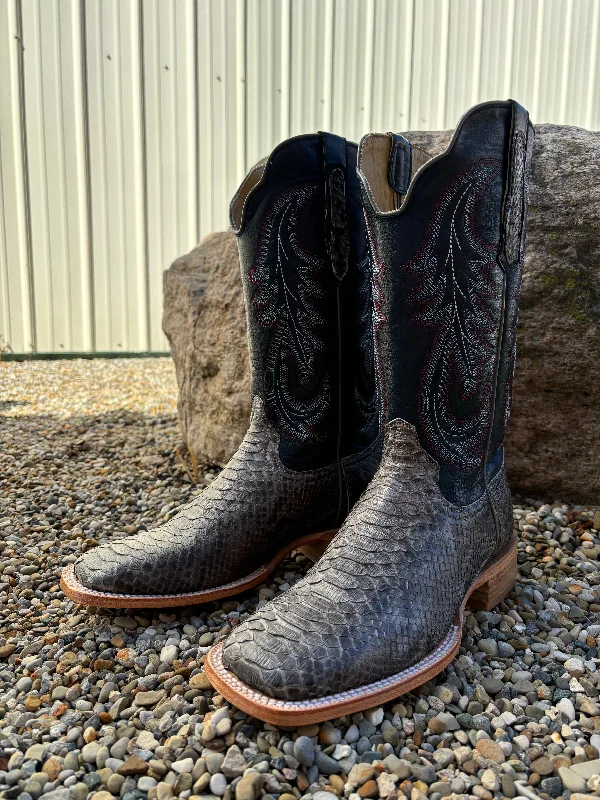 R. Watson Men's Deep Pacific & Grey Sueded Python Square Toe Cowboy Boots RW7914-2