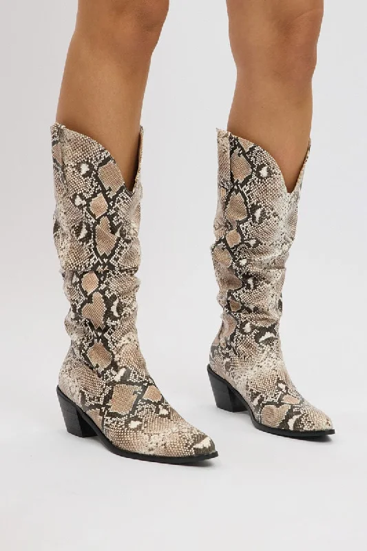 Beige Animal Print Snake Print Cowboy Boots