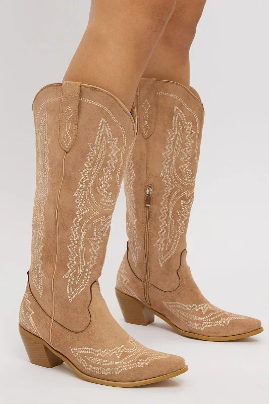 Beige Embroidered Western Cowboy Boots