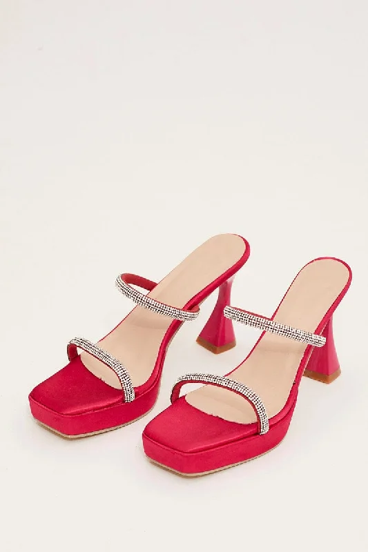 Sandals with sturdy vibes-Pink Rhinestone Square Toe Mule Heeled Sandals