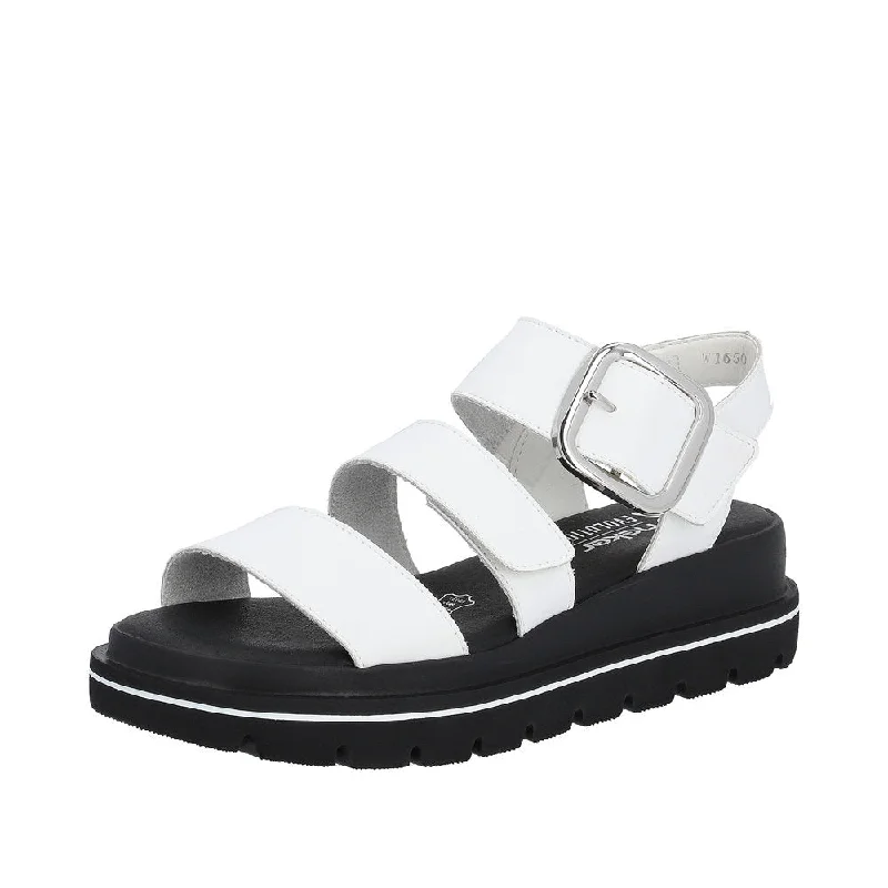 Sandals with eco-friendly materials-Rieker W1650-80 Ladies White Leather Touch Fastening Sandals