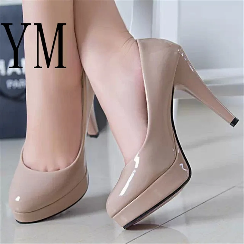 Fashion Mature Women Pumps Classic Patent Leather High Heels Shoes Nude Sharp Head Paltform Wedding Women Dress Shoes Plus 34-42