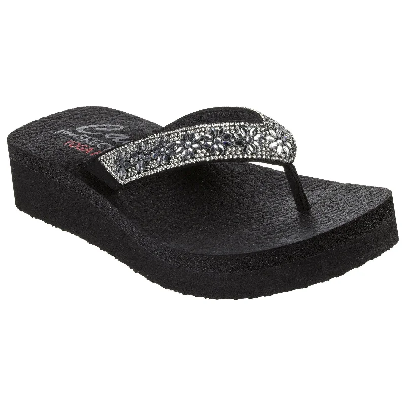 Sandals with walking days-Skechers 119638 Vinyasa - Wild Daisies Ladies Black Vegan Sandals