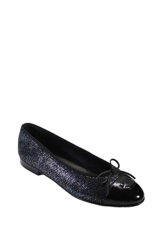 Flats in Luxembourg-Chanel Womens Black Metallic Print CC Cap Toe Ballet Flats Shoes