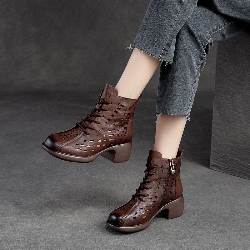 Women Summer Retro Leather Mid-Heel Boots