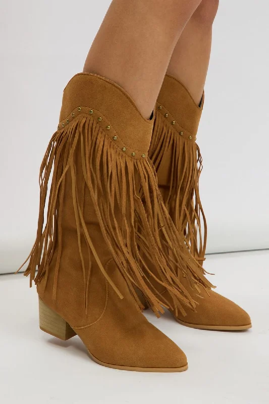 Beige Tassel Cowboy Boots