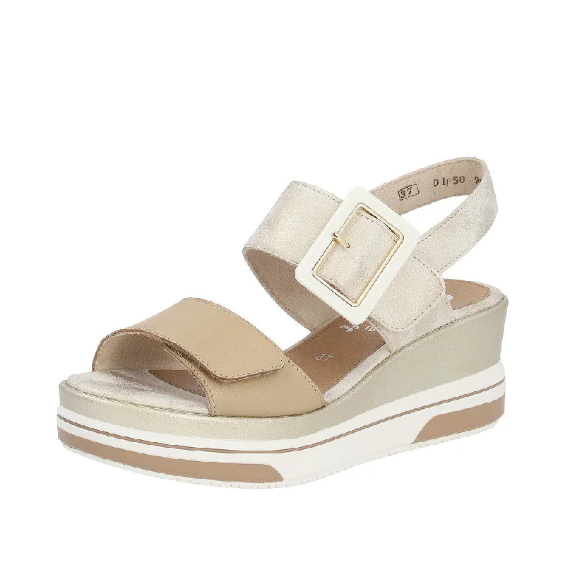 Sandals with comfy days-Remonte D1P50-90  Ladies Metallic Gold Nude Leather Touch Fastening Sandals