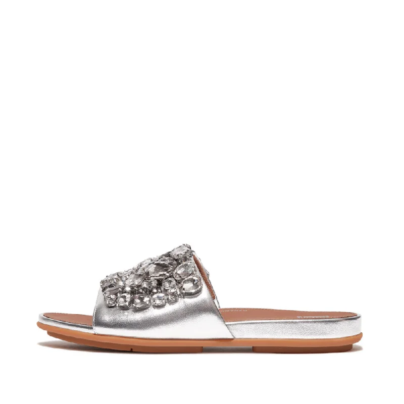 Sandals with flexible vibes-FitFlop HQ6-011 Gracie Jewel-Deluxe Ladies Silver Leather Slider Sandals