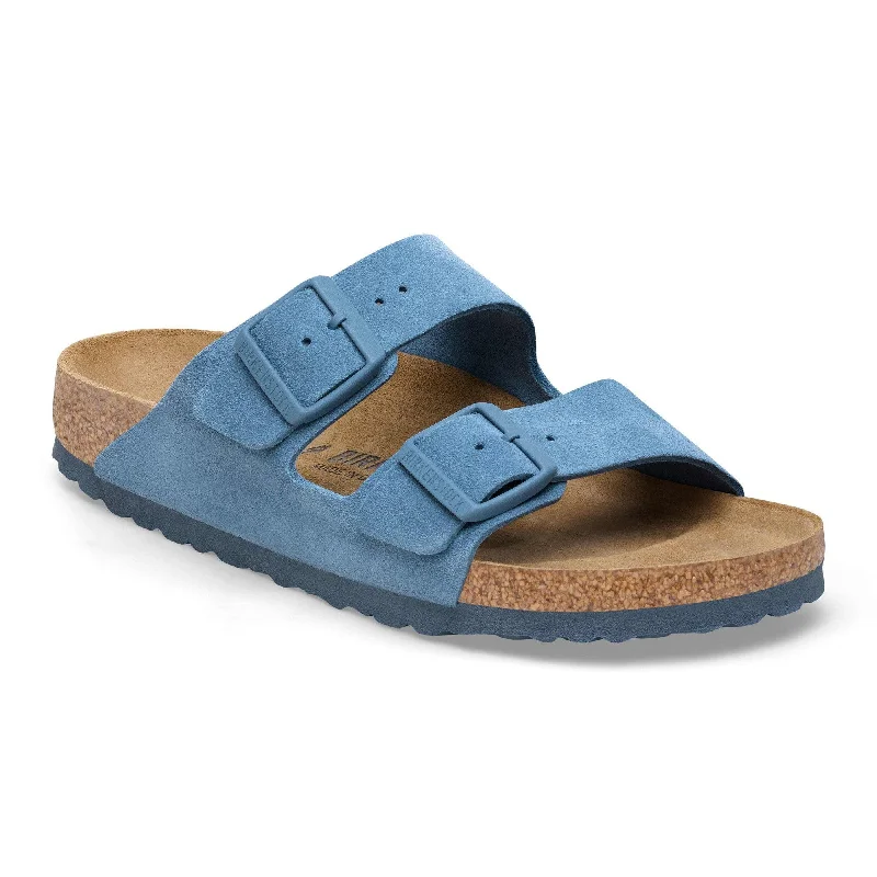 Sandals with elegant days-Birkenstock Arizona Ladies Narrow Elemental Blue Suede Arch Support Buckle Sandals