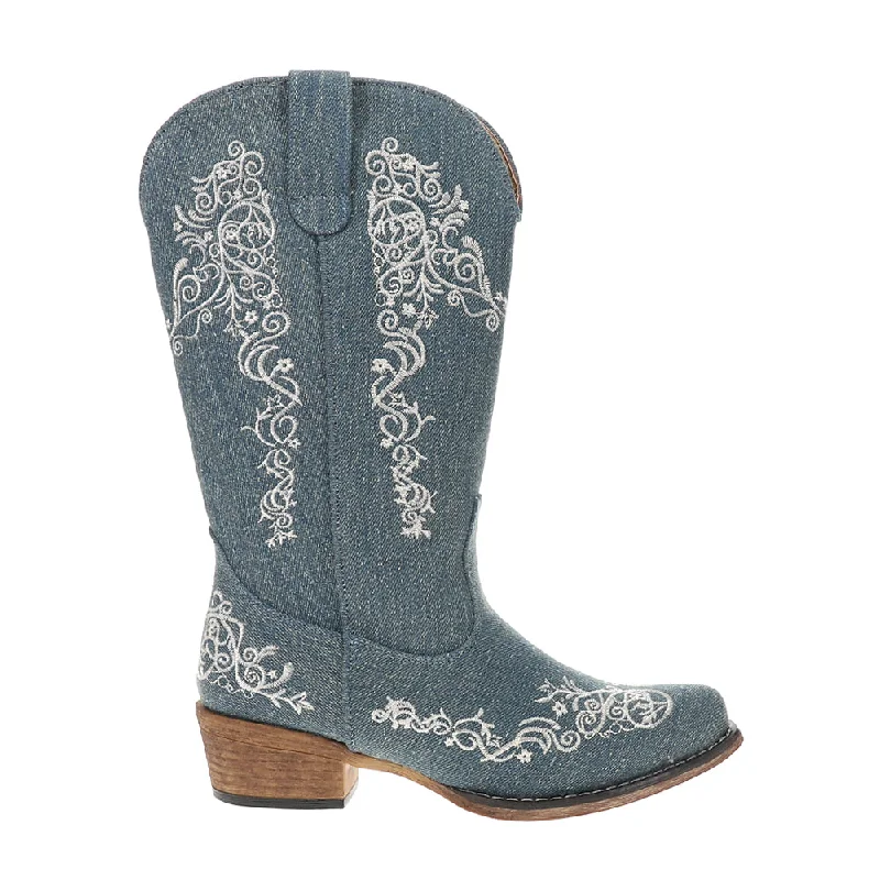 Riley Scroll Denim Embroidered Snip Toe Cowboy Boots