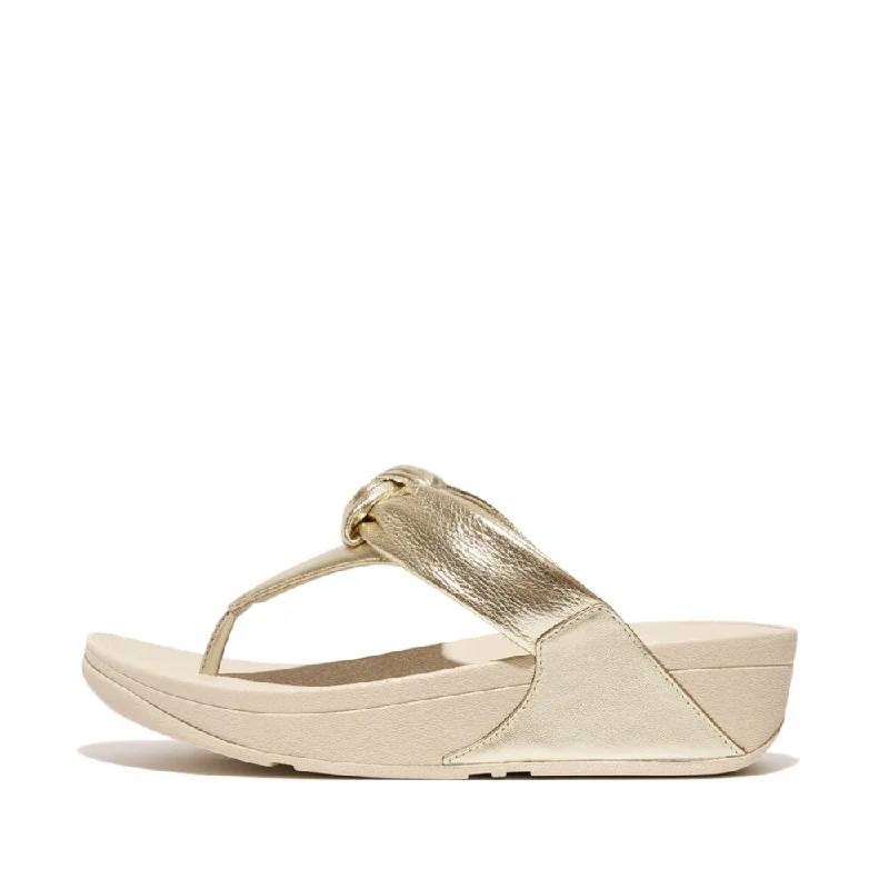 Sandals for everyday looks-FitFlop HN8-675 Lulu Padded-Knot Ladies Platino Leather & Textile Toe Post Sandals