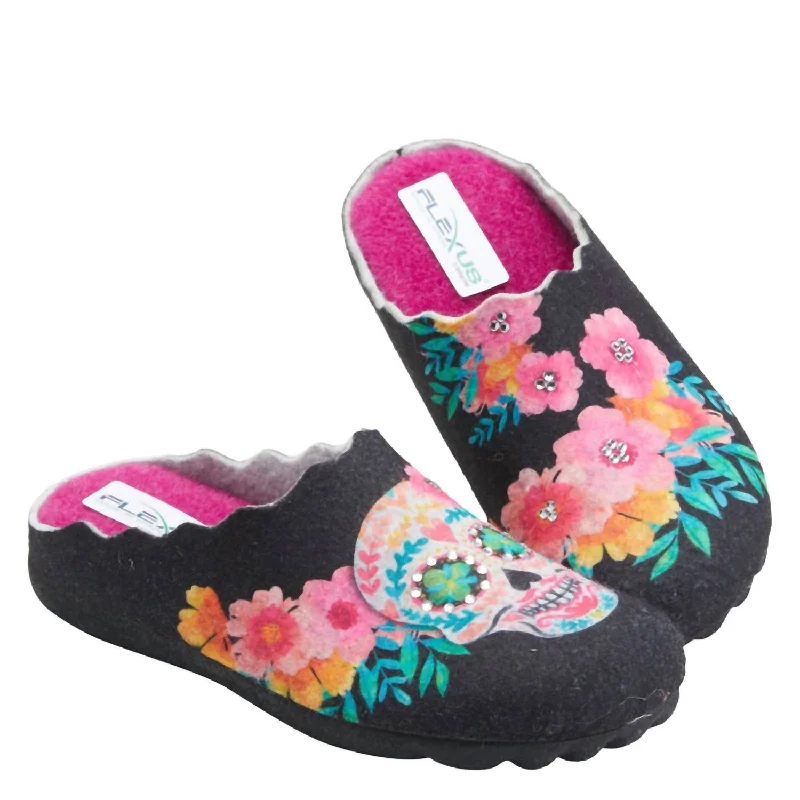 Slippers for porch ease-Women's Sugarskull Slippers In Black