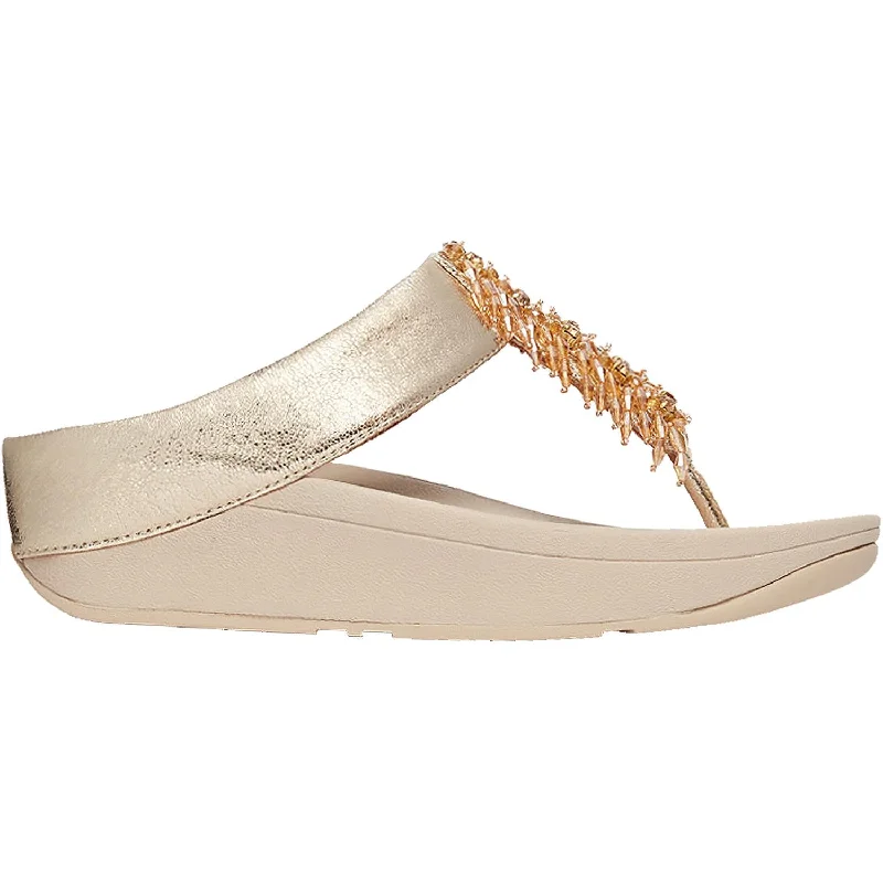 Sandals with leather straps-Women's Fit Flop Velma Adorn Toe-Thong Gold Synthetic