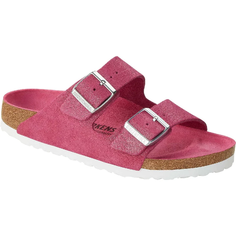 Sandals with elegant sole-Birkenstock Arizona VL Shimmering 1024218 Ladies Fuchsia Tulip Suede Arch Support Slip On Sandals