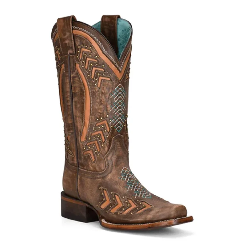 Women's Embroidery With Studs Square Toe Western Cowboy Boots In Brown