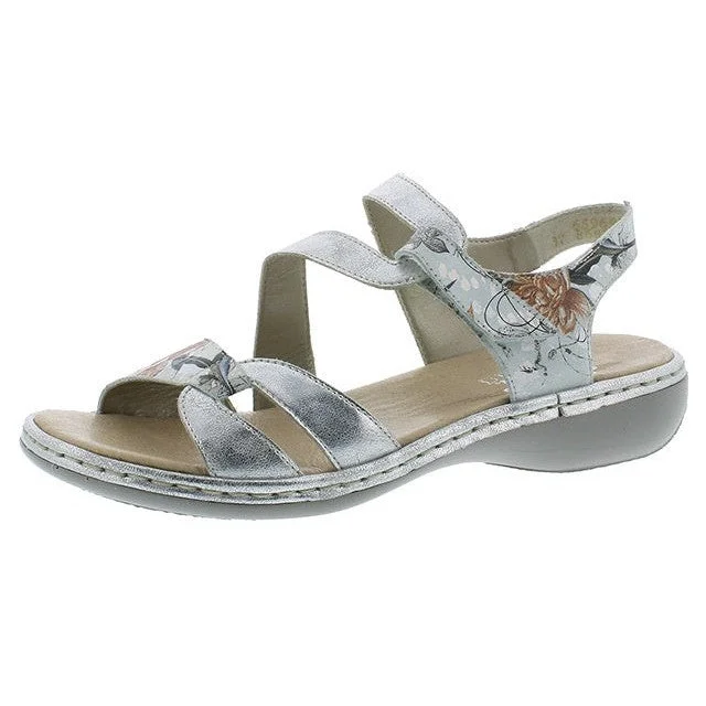 Sandals for adventure-Rieker 65969-82 Ladies Silver Floral Hook and Loop Sandals