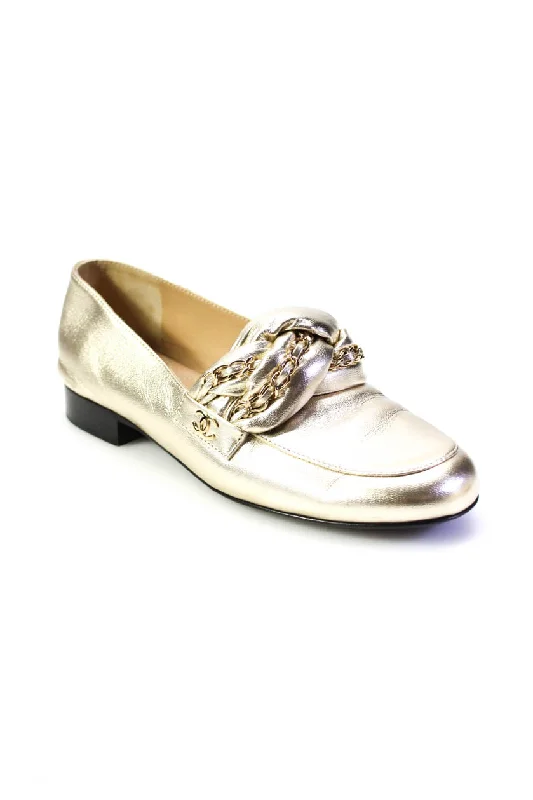 Loafers with classic vibe-Chanel Womens Metallic Chain-Link Braided CC Loafers Gold Tone Leather