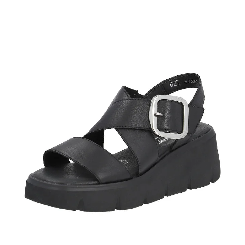 Sandals for casual outings-Rieker W1550-00 Ladies Black Leather Touch Fastening Sandals