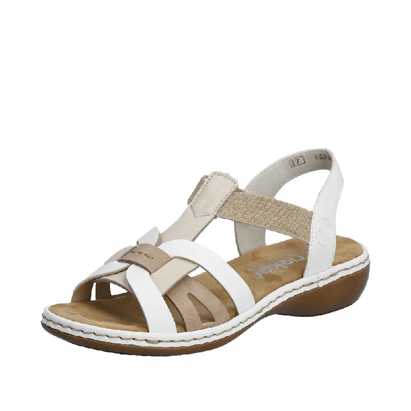 Sandals for outdoor trips-Rieker 65918-81 Ladies White Multi Leather Slip On Sandals