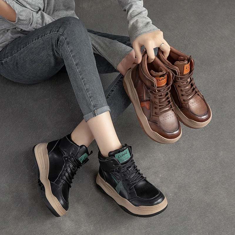 Women Autumn Retro Leather Thick Sole Platform Boots