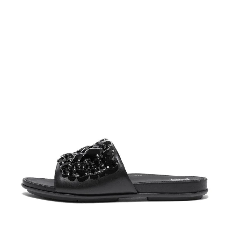 Sandals with trendy days-FitFlop HP3-001 Gracie Jewel-Deluxe Ladies Black Leather Slider Sandals