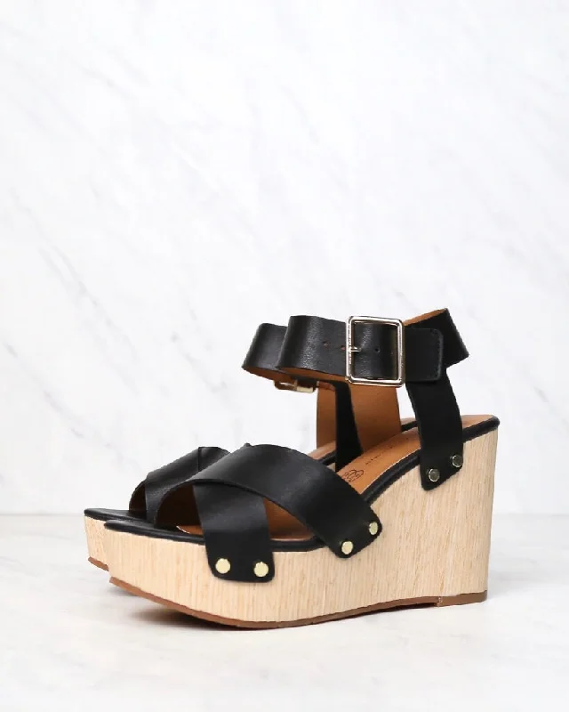 Sandals with sleek straps-Final Sale - BC Footwear - Teeny Vegan Wedge Sandals - Black