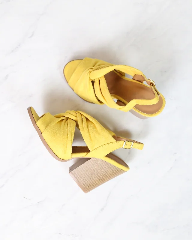 Sandals for outdoor-Knot Your Basic Pair Slingback Ankle Strap Wooden Heel Sandals in Yellow Suede