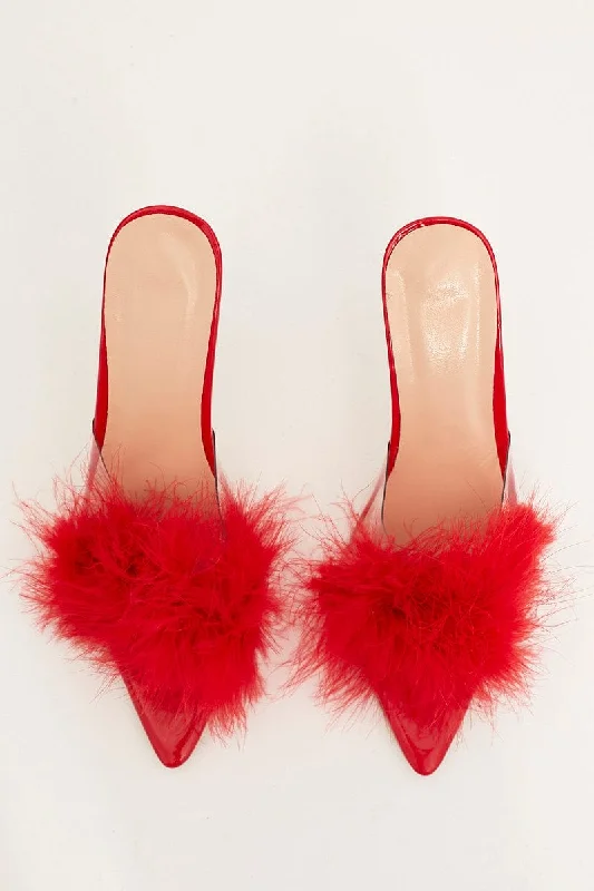 Sandals for outdoor vibes-Red Faux Feather Stiletto Heeled Mule Sandals