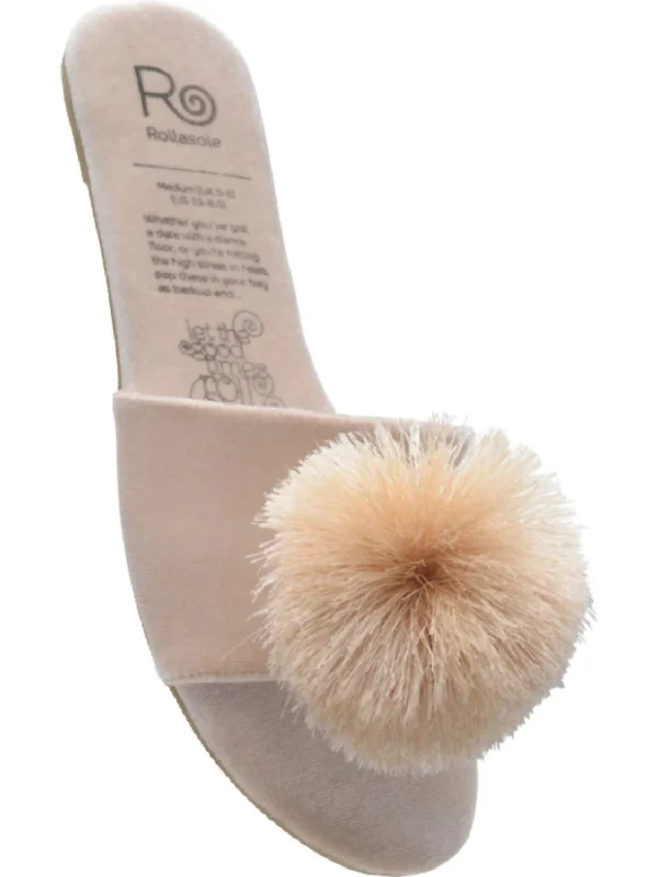 Slippers with washable cover-Women's Pom Pom Slippers In Champagne