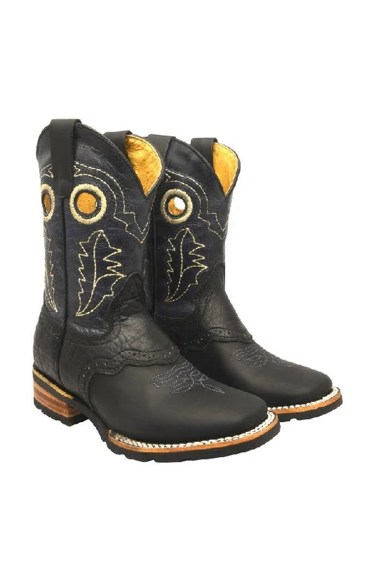 Redhawk Boy's Rodeo Bull Black Leather Square Toe Cowboy Boots 3001