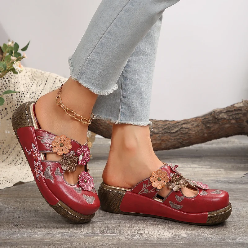 Sandals with walking days-Retro Ethnic Flower Handmade Thick- Soled Sandals for Women