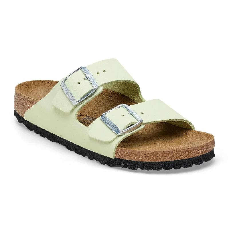 Sandals with soft vibes-Birkenstock Arizona Leather Ladies Narrow Faded Lime Nubuck Arch Support Buckle Sandals