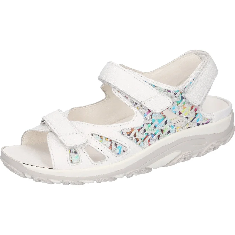 Sandals with metallic finish-Waldlaufer 448001 233 150 Hanni Ladies White Multi Leather Arch Support Touch Fastening Sandals