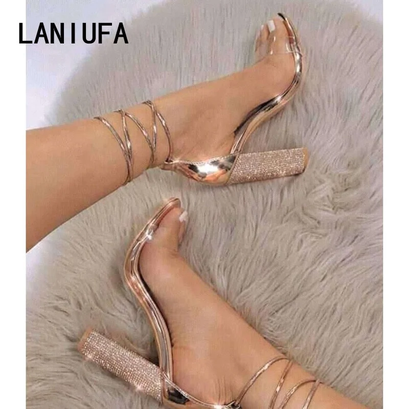 Big size 34-43 Women Heeled Sandals Bandage Rhinestone Ankle Strap Pumps Super High Heels 11 CM Square Heels Lady Shoes new #265