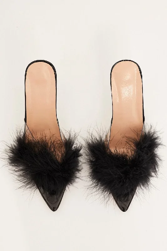 Sandals for casual wear-Black Faux Feather Stiletto Heeled Mule Sandals