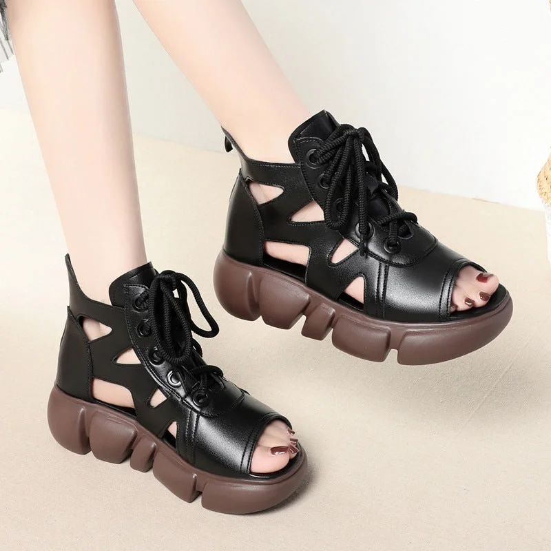 Sandals with sturdy vibes-Women Summer Lace Up Platform Peep-Toe Wedge Sandals