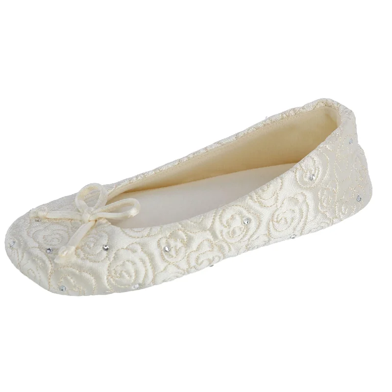 Slippers with bold patterns-Women's Terry Lined Rose Quilted Ballerina Slippers