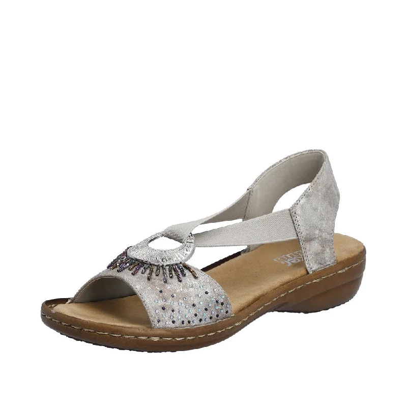 Sandals with lightweight finish-Rieker 60880-90 Ladies Silver Slip On Sandals