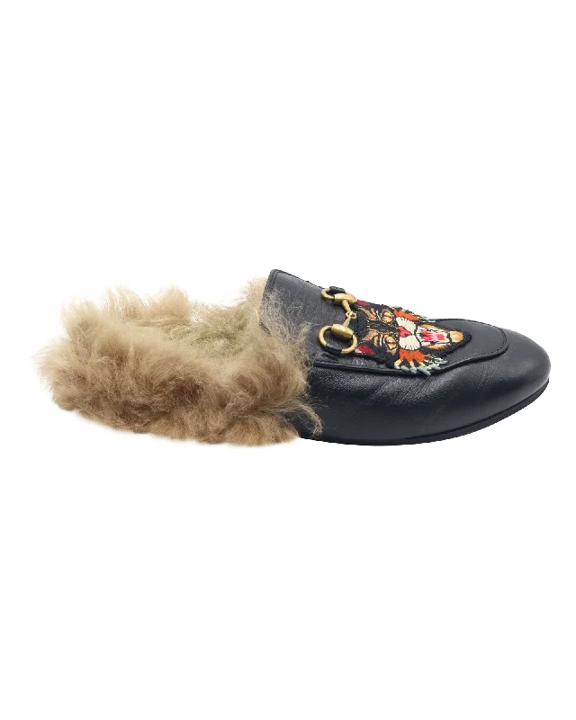 Slippers for aching feet-Gucci Princetown slippers with Angry Cat Appliqué in Black Leather