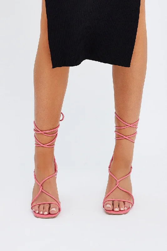 Sandals for summer days-Pink Strappy Tie Leg Heeled Sandals