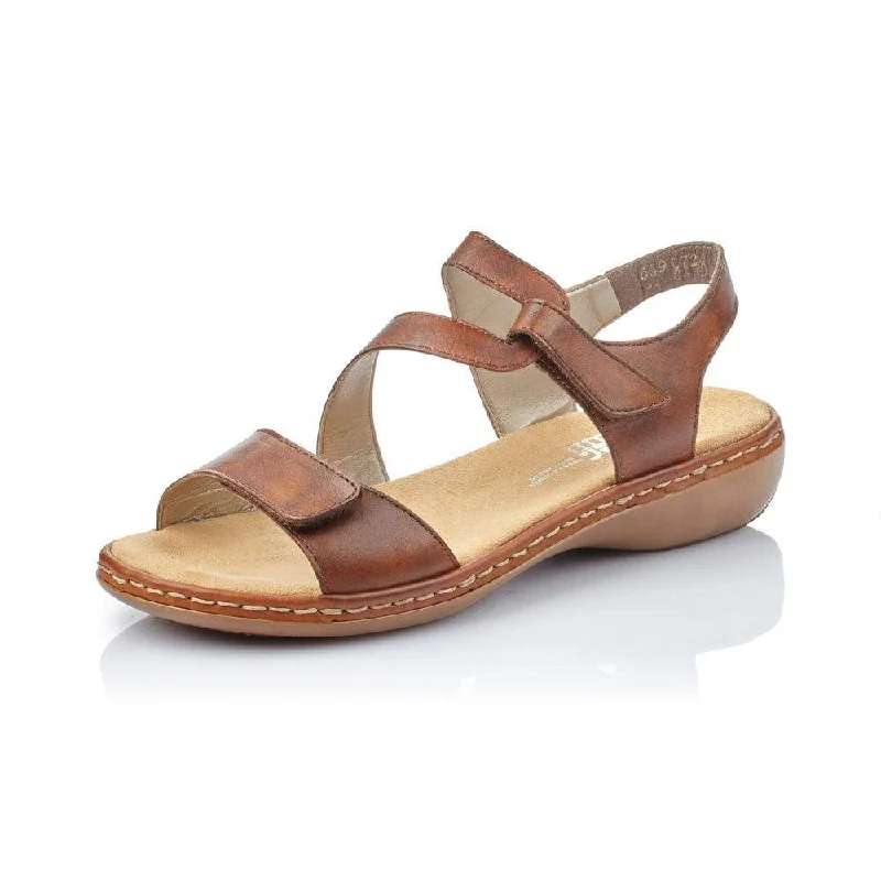 Sandals with premium comfort-Rieker 659C7-24 Ladies Cognac Leather Strappy Sandal